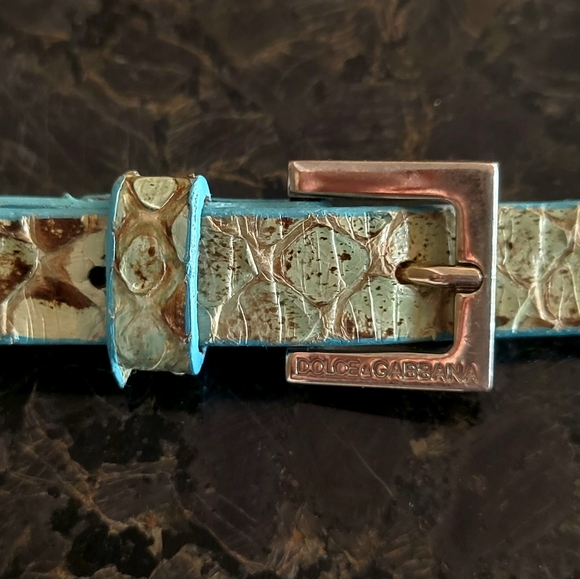 SALE💯Authentic Dolce & Gabbana Snakeskin And Metal Logo Skinny Belt - Picture 4 of 7